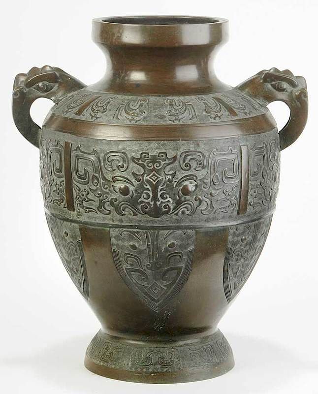 Appraisal: Large Chinese Bronze Archaic Style Vase th th century relief