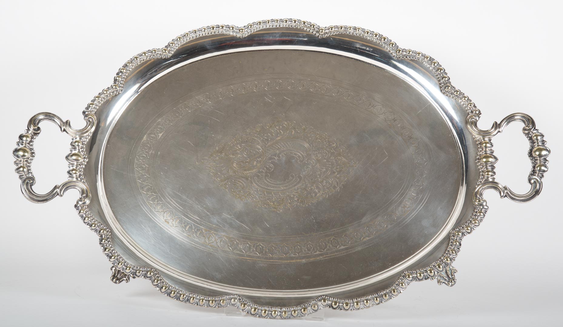 Appraisal: English silver-plated double handle tea tray in H x in