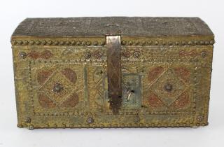 Appraisal: French hammered brass dresser box French th century hammered brass