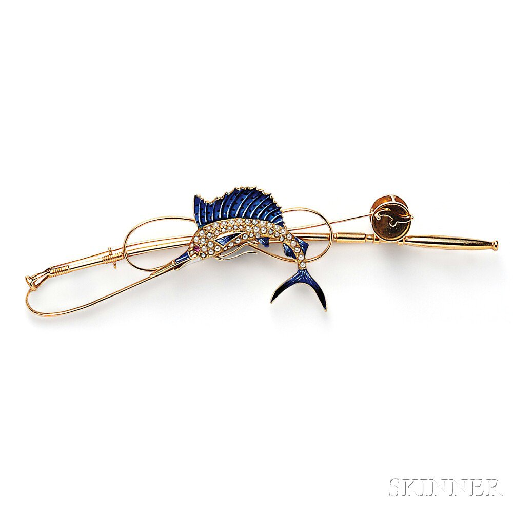 Appraisal: kt Gold Enamel and Seed Pearl Fish and Rod Brooch