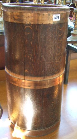 Appraisal: A coopered oak stick stand with copper banded decoration cm