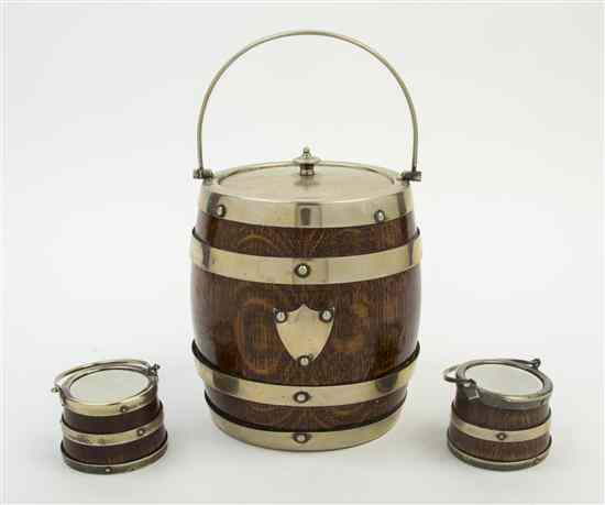 Appraisal: An English Silverplate Mounted Biscuit Barrel together with two bucket