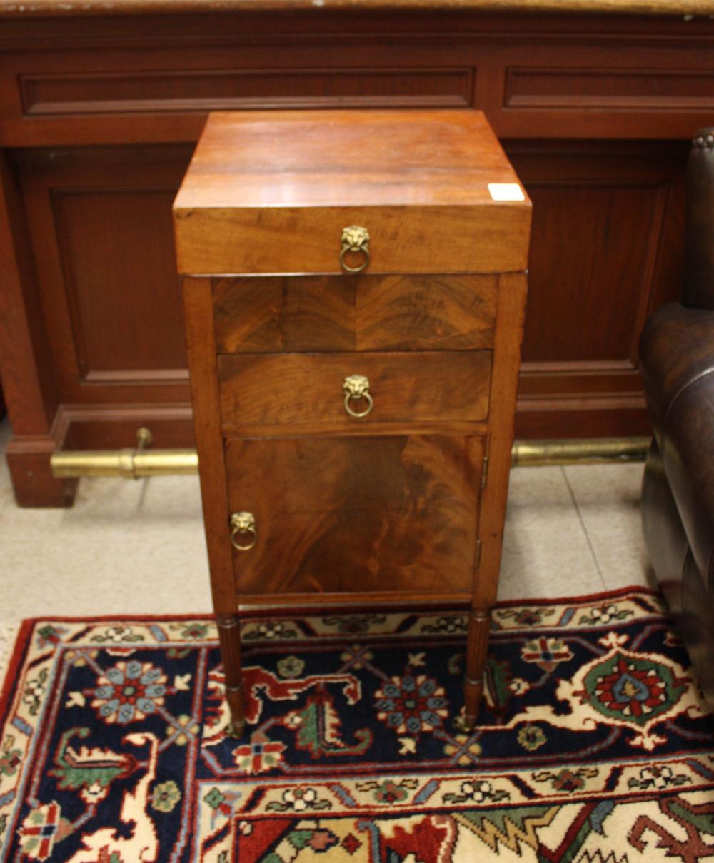 Appraisal: TWO ENGLISH ANTIQUE MAHOGANY CHAMBER CABINETS Sheraton lift-top washstand H