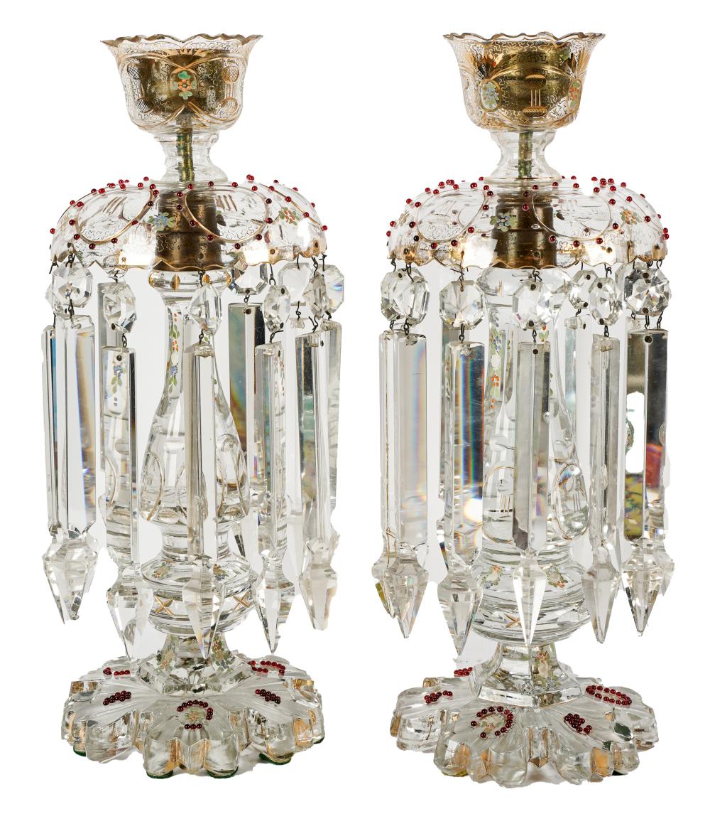 Appraisal: PAIR OF PAINTED GLASS CRYSTAL LUSTERS th century each decorated