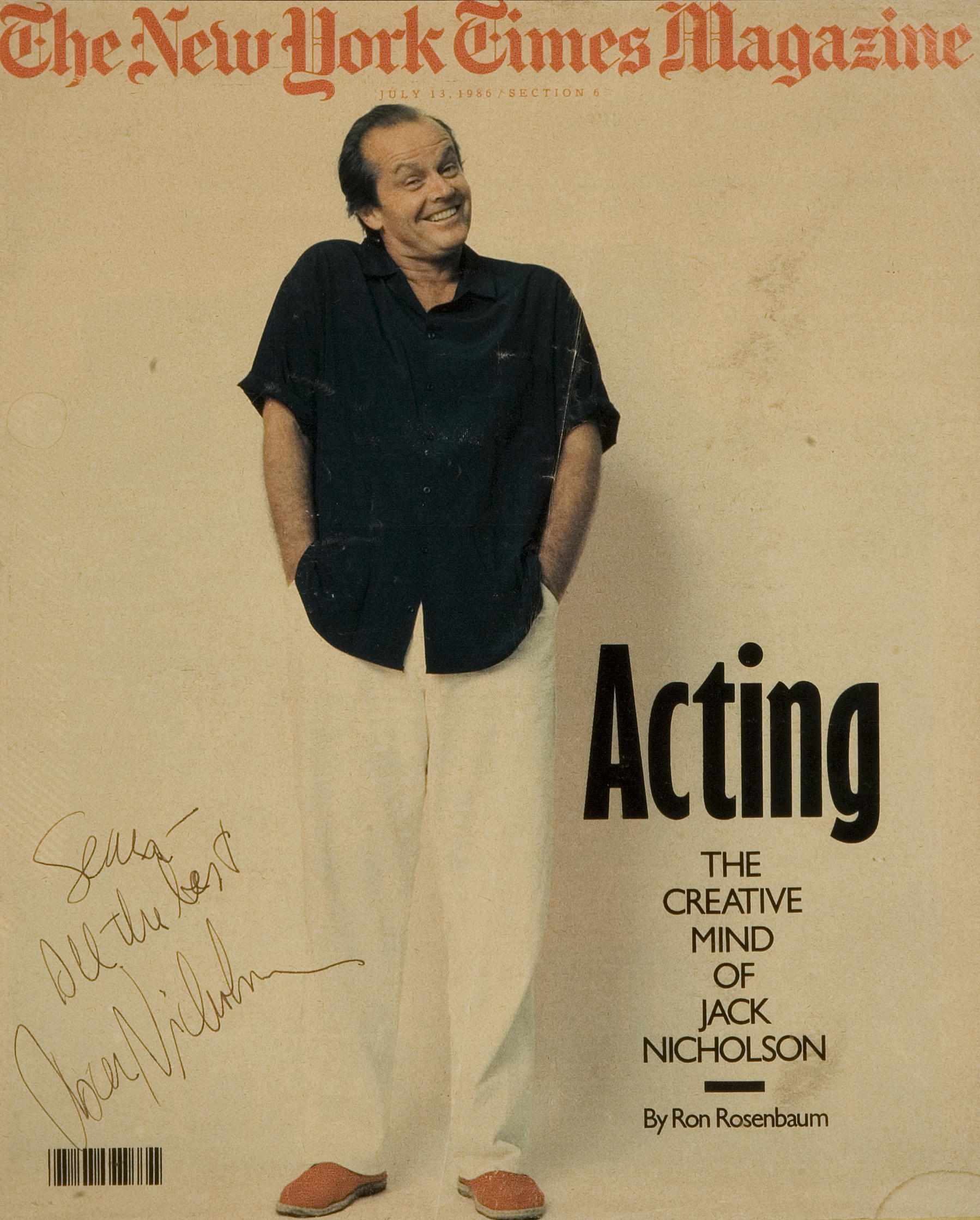 Appraisal: A Jack Nicholson signed New York Times Magazine Jack Nicholson