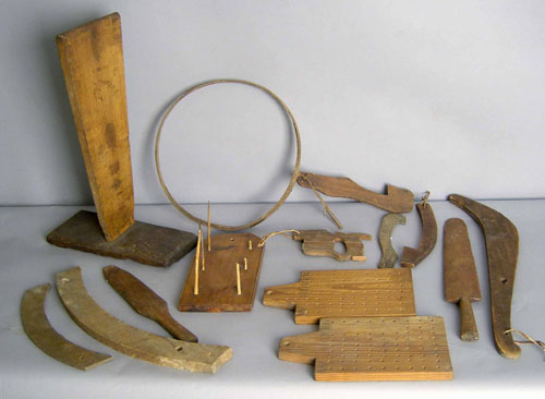 Appraisal: Woodenware to include scutching board scutching knives chairmaker's patterns bobbin