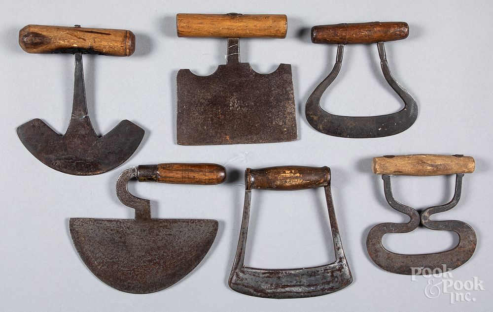 Appraisal: Six early iron and wood food choppers Six early iron