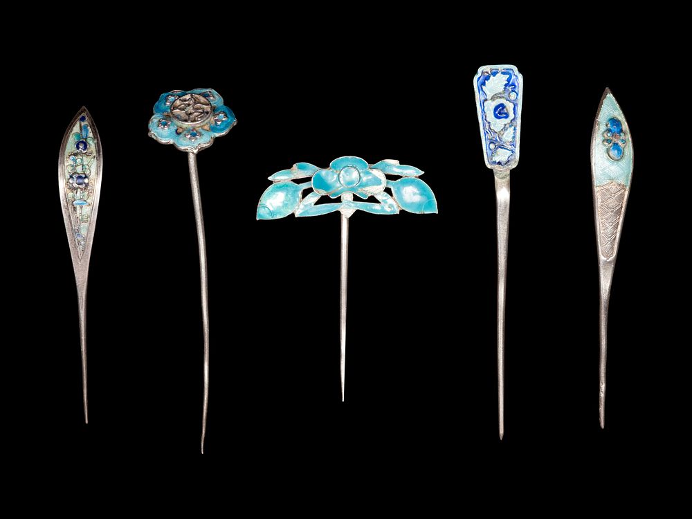 Appraisal: Five Chinese Enamel on Silver Hairpins Five Chinese Enamel on