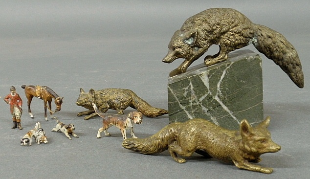 Appraisal: - Group of eight Vienna bronzes- three foxes largest on