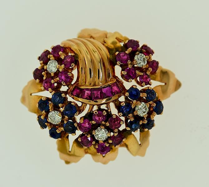 Appraisal: k pink gold retro ruby sapphire and diamond flower blossoms