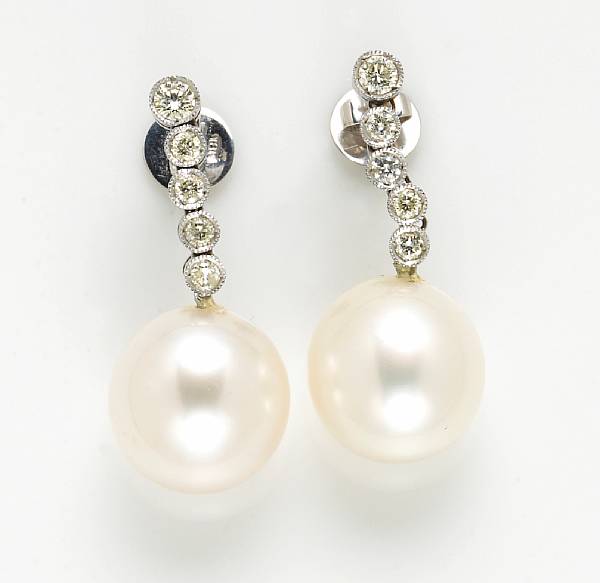 Appraisal: A pair of South Sea cultured pearl diamond and eighteen