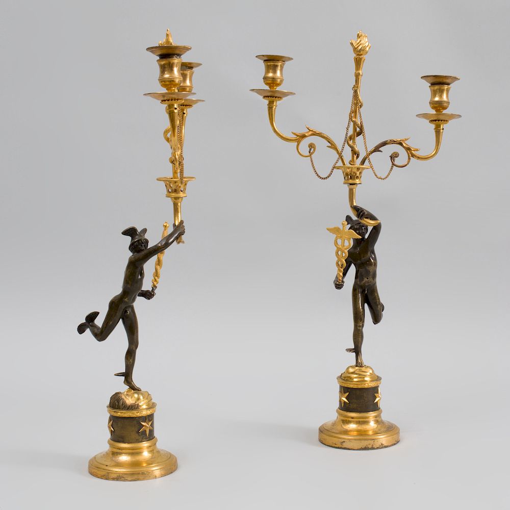 Appraisal: Pair of Directoire Ormolu and Patinated-Bronze Figural Two-Light Candelabra Each