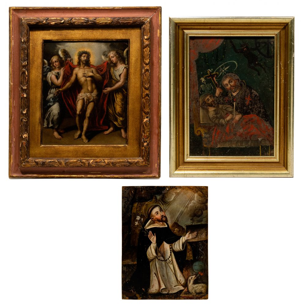 Appraisal: RELIGIOUS OIL ON METAL PAINTING ASSORTMENT items including an oil