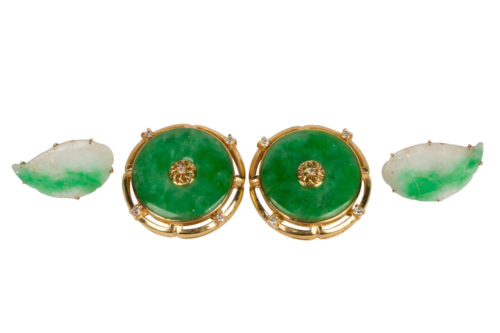 Appraisal: TWO PAIRS OF YELLOW GOLD JADE DIAMOND EARRINGSthe karat yellow