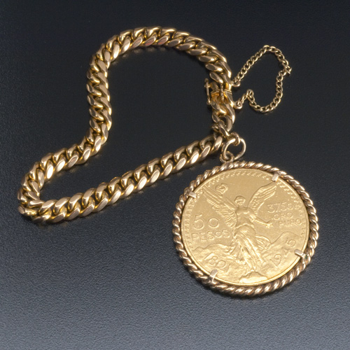 Appraisal: Mexican fifty-peso gold coin bracelet numismatically mounted on a solid