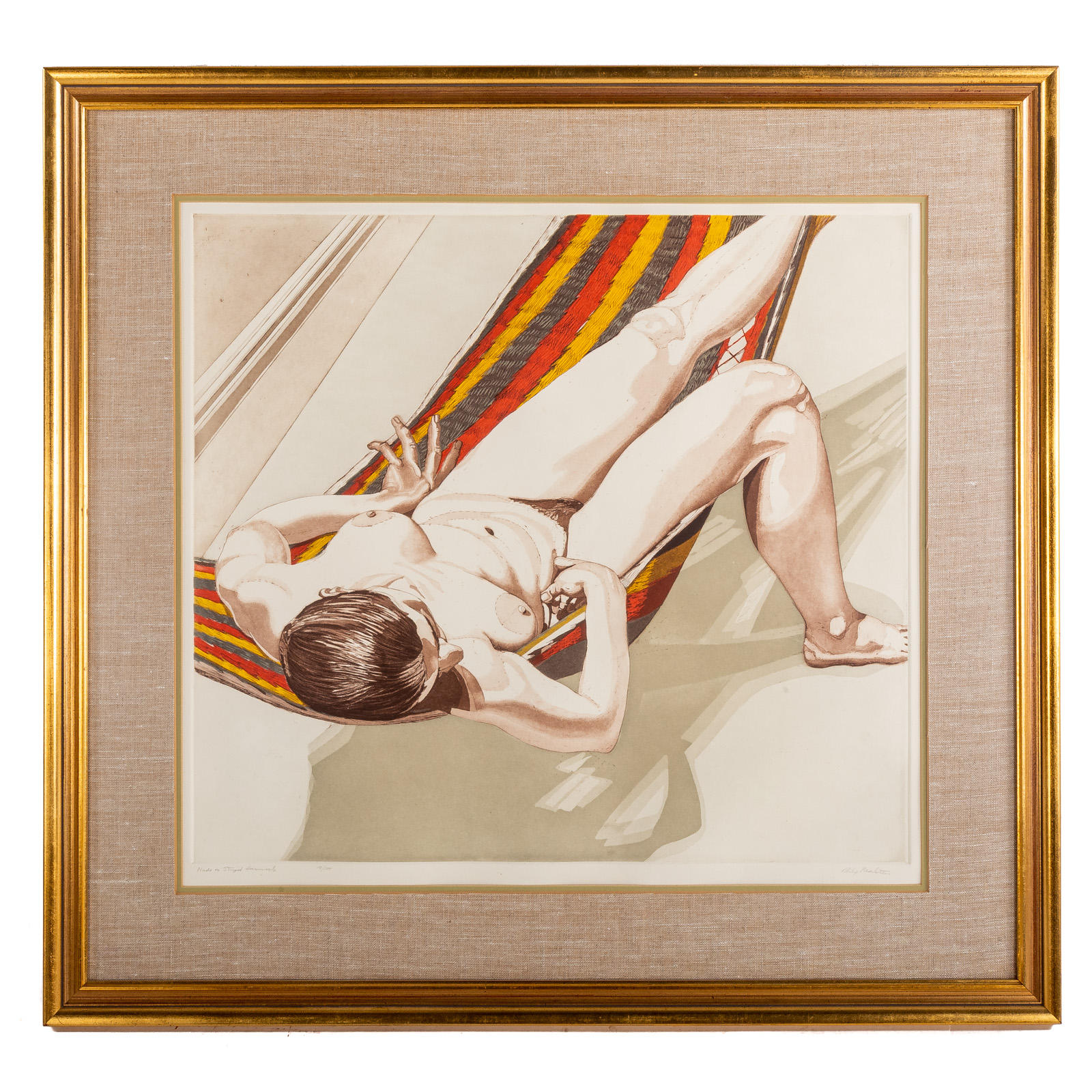 Appraisal: PHILIP PEARLSTEIN NUDE ON STRIPED HAMMOCK ETCHING AQUATINT American b