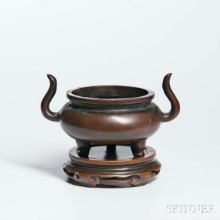 Appraisal: Bronze Censer Bronze Censer China squat round form with S-shape