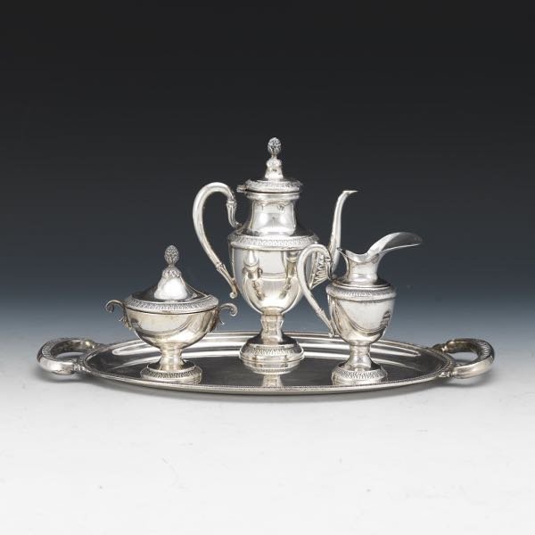 Appraisal: ITALIAN SILVER THREE-PIECE COFFEE SERVICE ON SILVER PLATED TRAY Italian