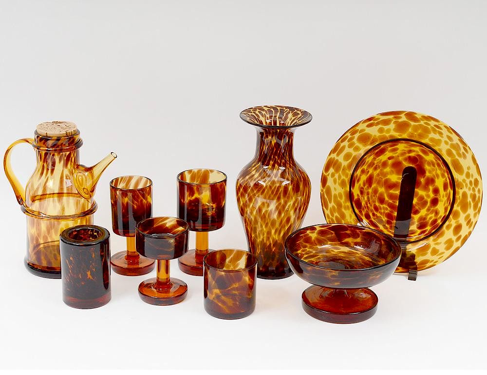 Appraisal: SIXTY-FOUR PIECE BROWN AND TAN GLASS TABLE SERVICE Comprising vase