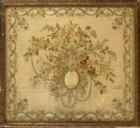 Appraisal: CONTINENTAL EMBROIDERED SILK PANEL IN REGENCE-STYLE CARVED GILTWOOD FRAME Worked