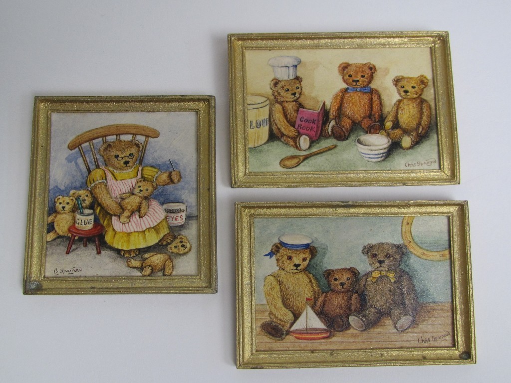 Appraisal: CHRIS SPARROW CONTEMPORARY Three miniature watercolours of teddy bears on