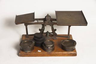 Appraisal: Parcel Post Balance Scale with Weights Mounted on Wood Base