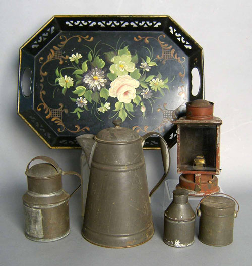 Appraisal: Tin lantern together with three tin canisters coffee pot and