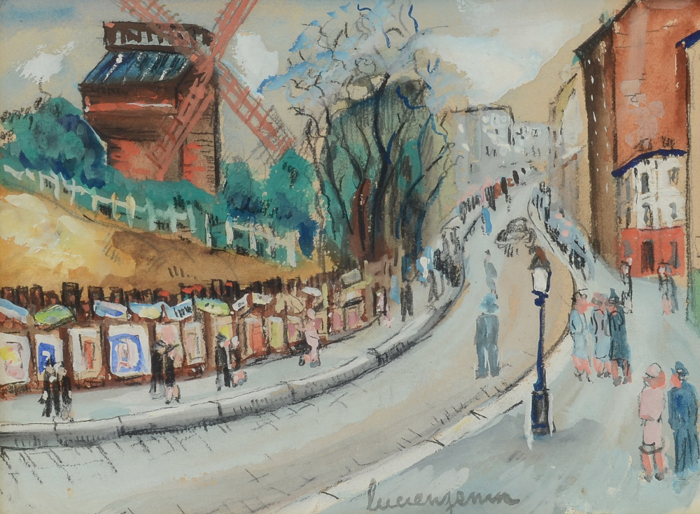 Appraisal: GENIN Lucien French - European Street Scene with Windmill Gouache