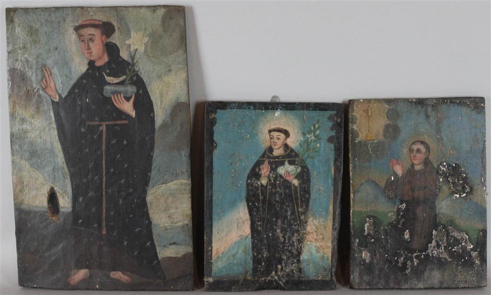 Appraisal: THREE MEXICAN SCHOOL RETABLOS all oil on board two depicting