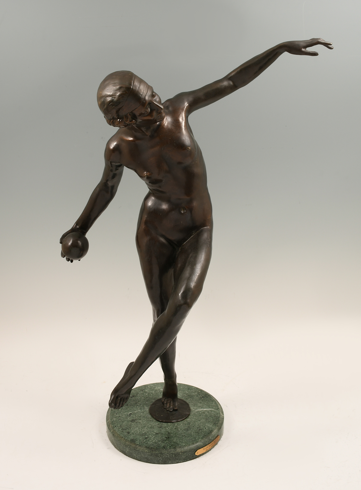 Appraisal: DECO STYLE BRONZE NUDE FEMALE DANCER WITH BALL Signed ''Alliot''