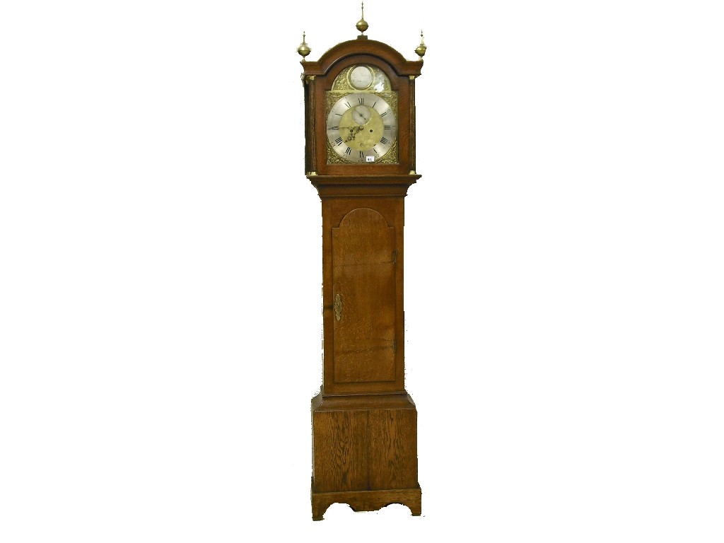 Appraisal: Oak eight day longcase clock the brass arched dial signed