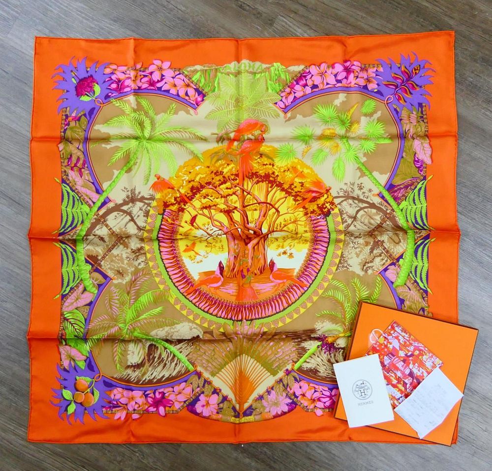 Appraisal: HERMES SCARF WITH BOX AND PAPERS LIKE NEW Has original