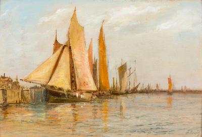 Appraisal: H Broich Harbour Scene possibly Warnemuende oil on board cm