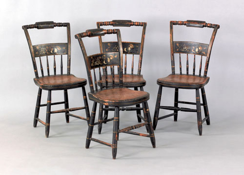 Appraisal: Set of four painted plank seat chairs th c retaining