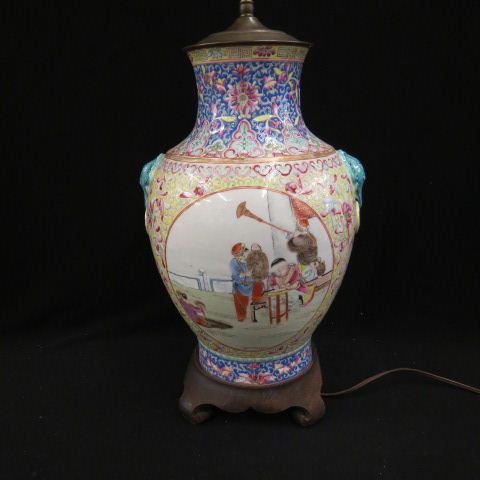 Appraisal: Chinese Porcelain Lamp Famille Verte style children at play elaborate