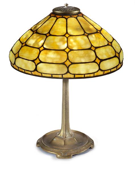 Appraisal: A Tiffany Studios Favrile glass and gilt-bronze Colonial lamp -