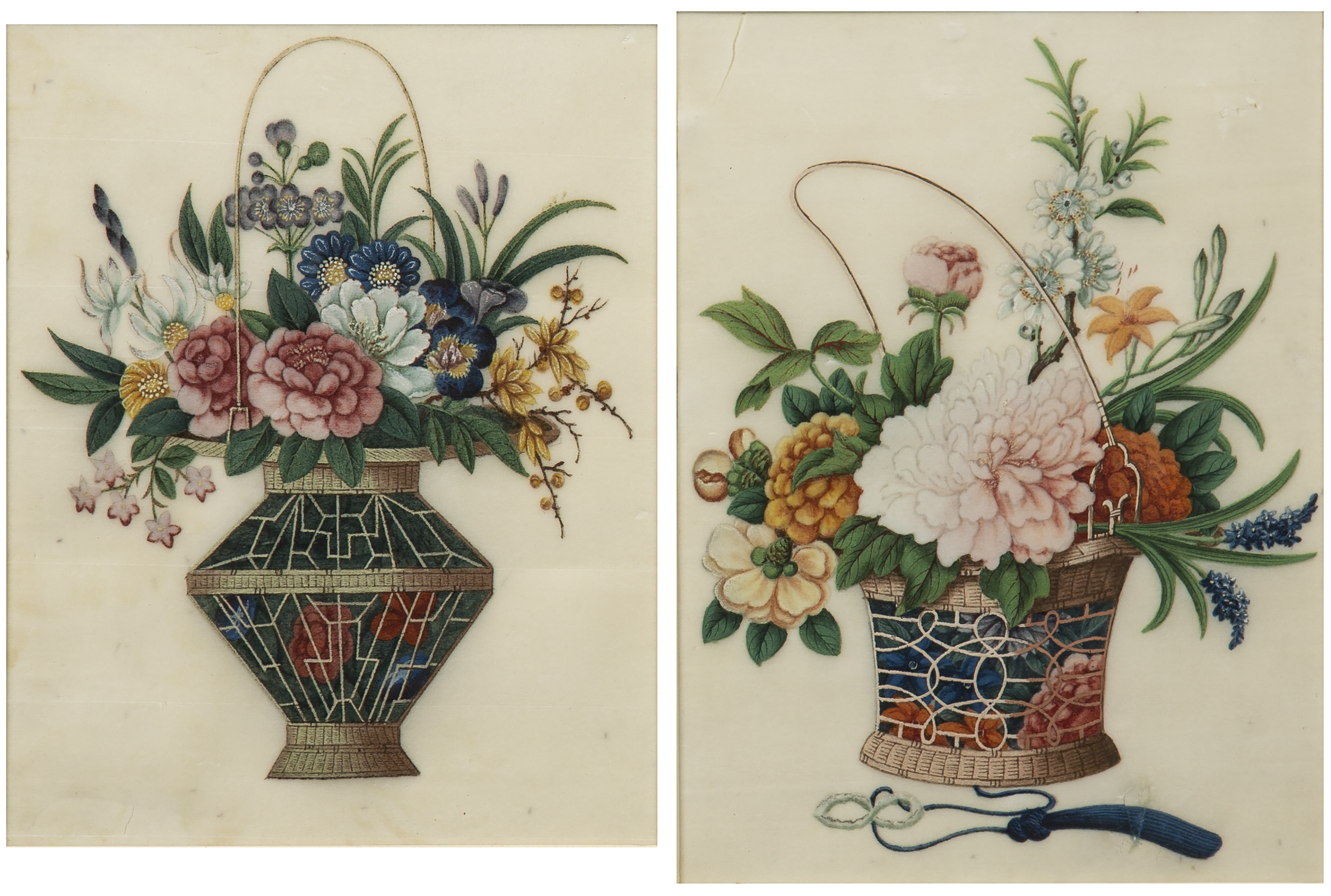 Appraisal: Two pith picturesChinese th Century painted with baskets of flowers