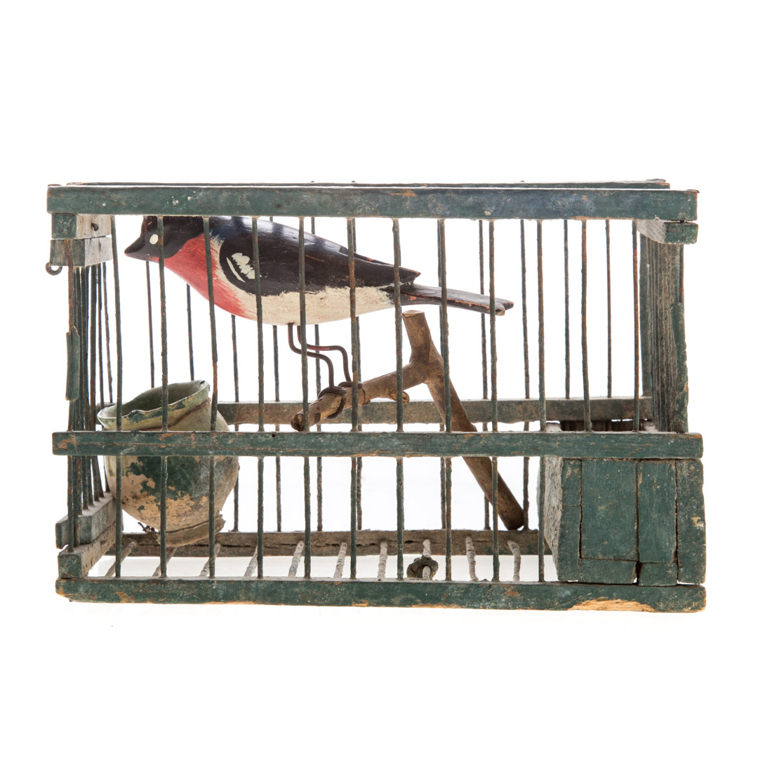 Appraisal: American folk art song bird in cage painted wood and