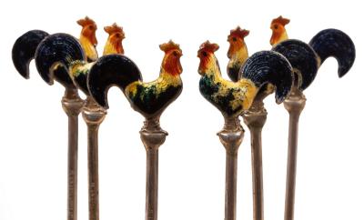 Appraisal: Six sterling silver cocktail sticks with enamel cockerel finials cased