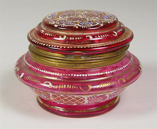 Appraisal: Victorian Hinged Cranberry Glass Box Cranberry box with heavy enameling