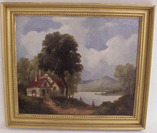 Appraisal: Continental pastoral scene with red roofed cottage and figures small