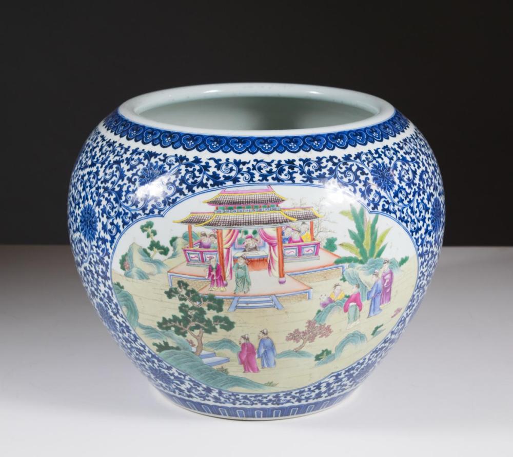 Appraisal: CHINESE PORCELAIN FLOOR JARDINIERE featuring two Famille Rose palette cartouches