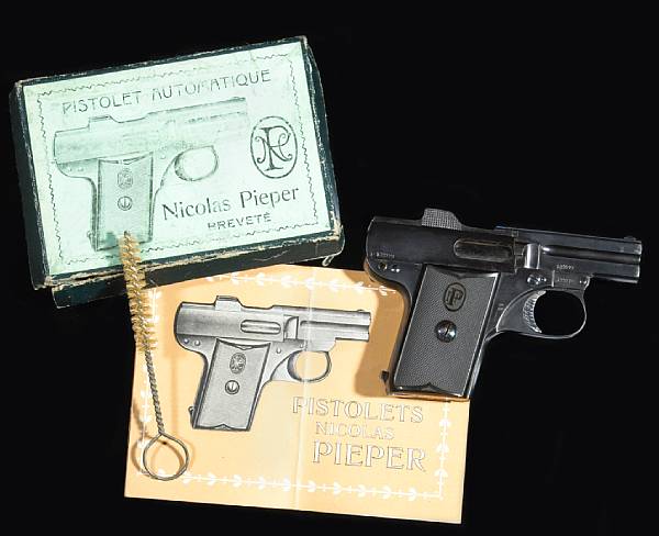 Appraisal: A boxed Nicolas Pieper Basculant semi-automatic pocket pistol Serial no