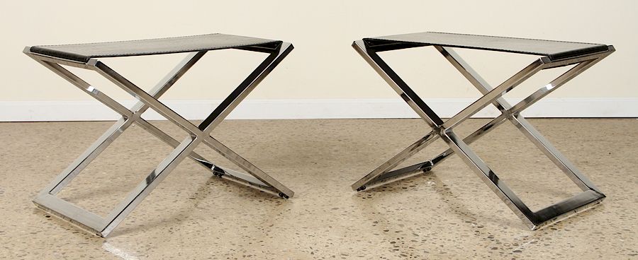 Appraisal: PAIR CHROME X FORM BENCHES KARL SPRINGER A pair of