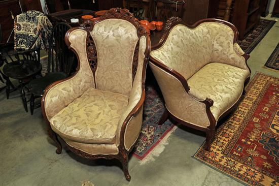 Appraisal: TWO PIECES OF VICTORIAN FURNITURE A walnut armchair with carved