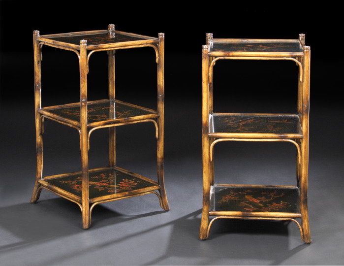 Appraisal: Pair of Chinese Bamboo and Lacquered Tiered Tables each fitted