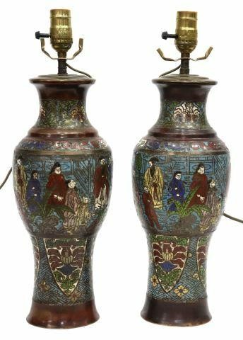 Appraisal: pair Chinese champleve enamel baluster-form vases now fashioned as table