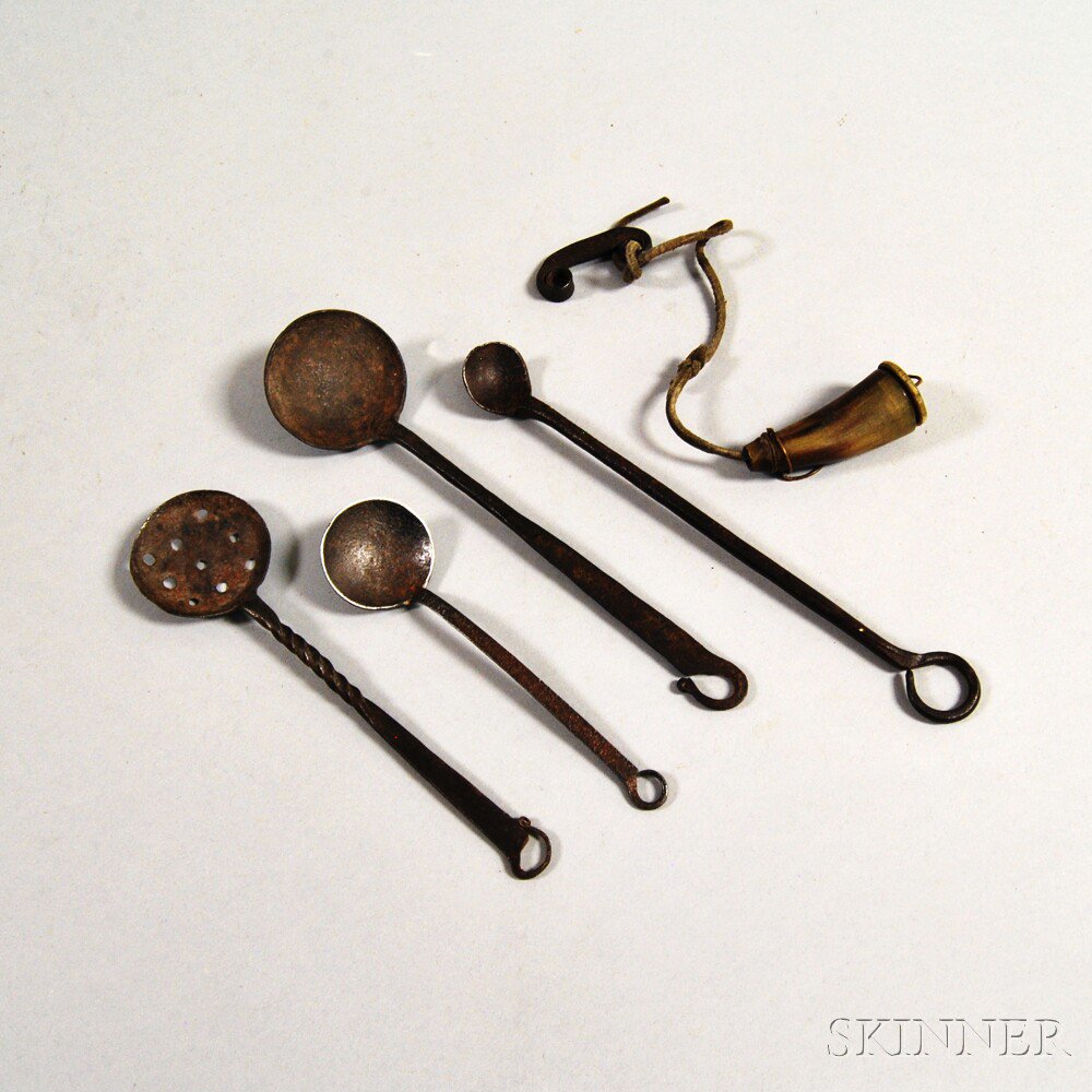 Appraisal: Tinder Lighter and Four Wrought Iron Spoons America late th