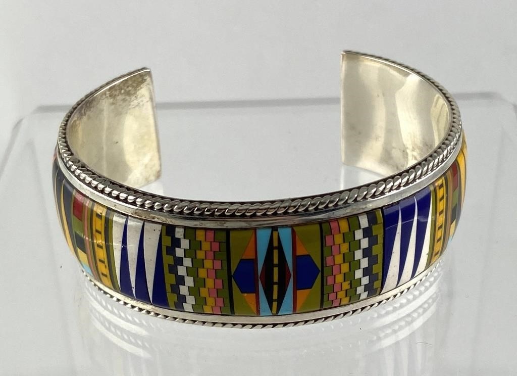 Appraisal: STERLING SILVER MICRO INLAID CUFF BRACELETSterling silver cuff bracelet with