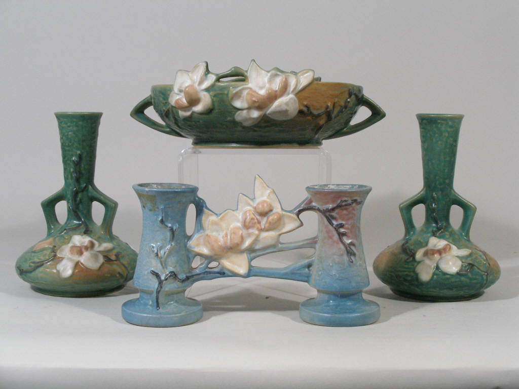 Appraisal: Four Pieces of Roseville Magnolia pair of vases in green